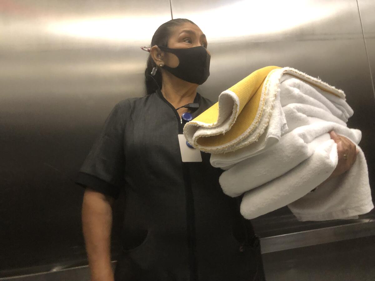 Margarita Santos works as a housekeeper at Le Merigot Hotel in Santa Monica. 