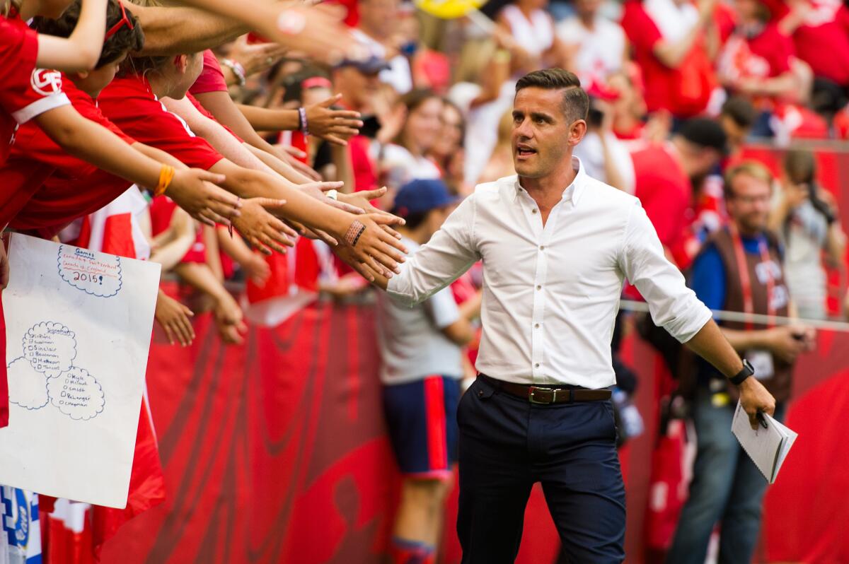 Canadian women's soccer coach John Herdman before a 2015 FIFA Women's World Cup quarterfinal match against England on June 27, 2015.