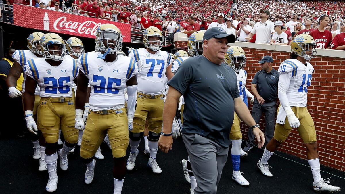 UCLA head coach Chip Kelly leads his Bruins squad out to play Oklahoma last season.