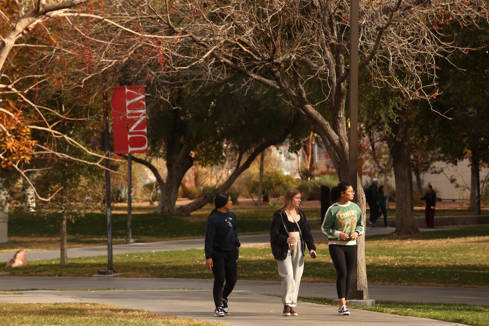 Three students walk on a foot path among trees