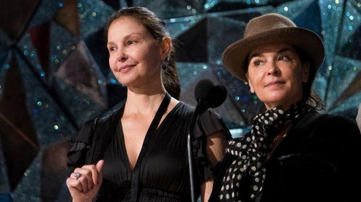 Ashley Judd, left, and Annabella Sciorra appear during rehearsals for the 90th Academy Awards in Los Angeles on Saturday, March 3, 2018. The Academy Awards will be held at the Dolby Theatre on Sunday, March 4.
