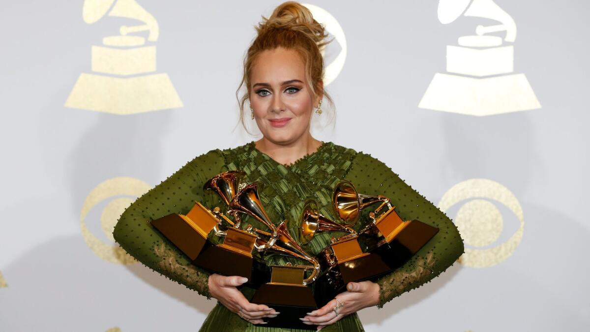 English singer-songwriter Adele backstage in February at the 59th Grammy Awards at Staples Center in Los Angeles.