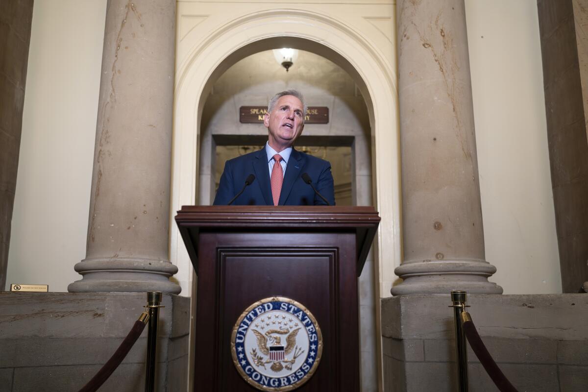 House Speaker Kevin McCarthy speaks at the Capitol.