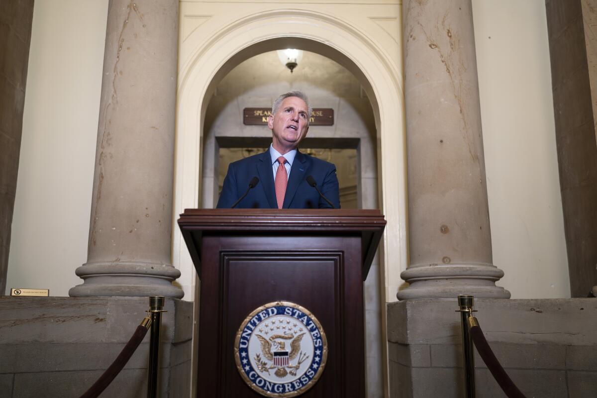 House Speaker Kevin McCarthy announces the opening of a formal impeachment inquiry against President Biden on Sept. 12.
