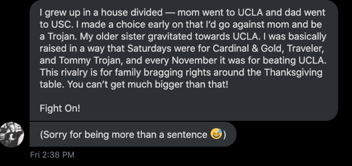 UCLA and USC fans share what the rivalry means to them via Twitter.