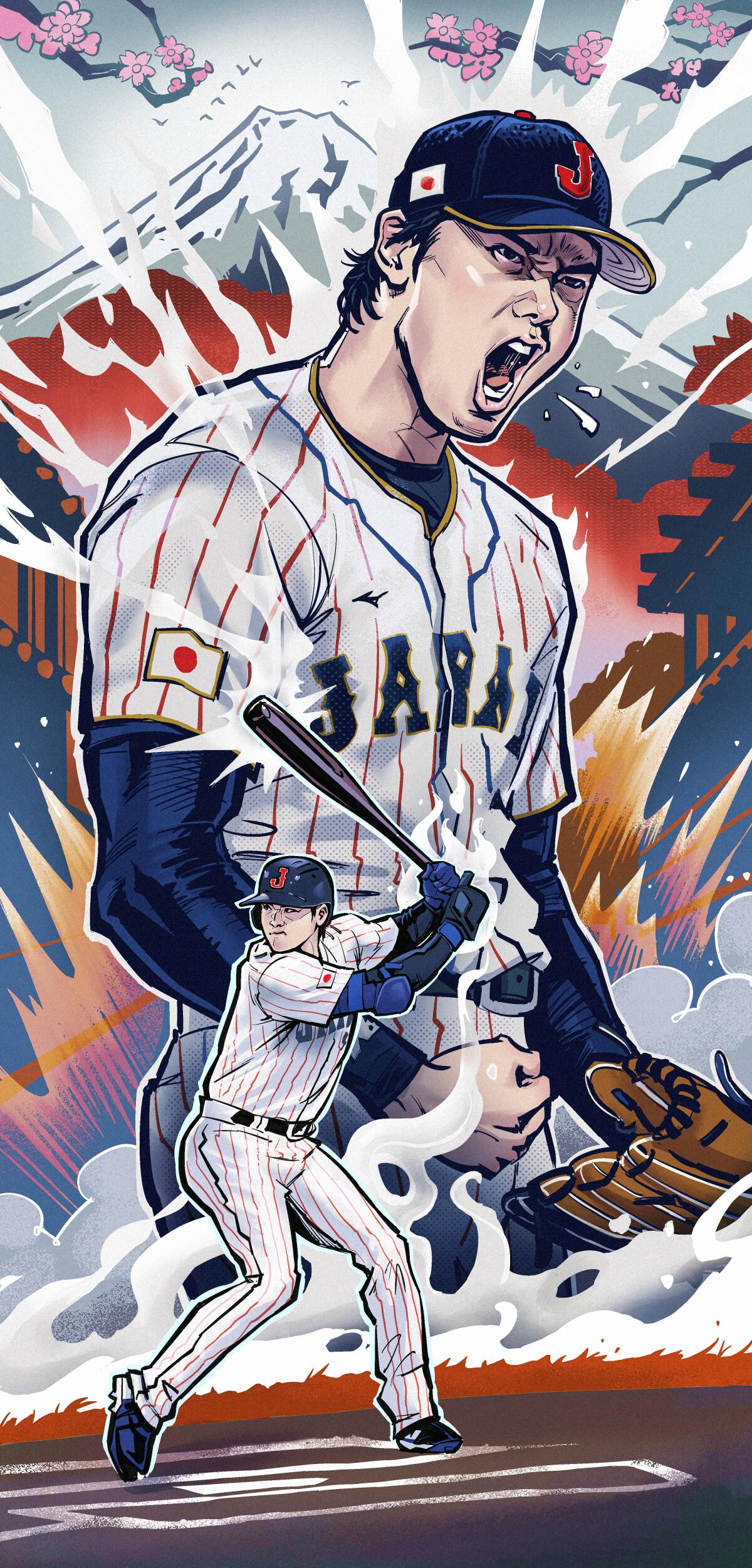 Illustration of Shohei Ohtani in a Japan uniform in front of a backdrop of mountains and cherry blossoms