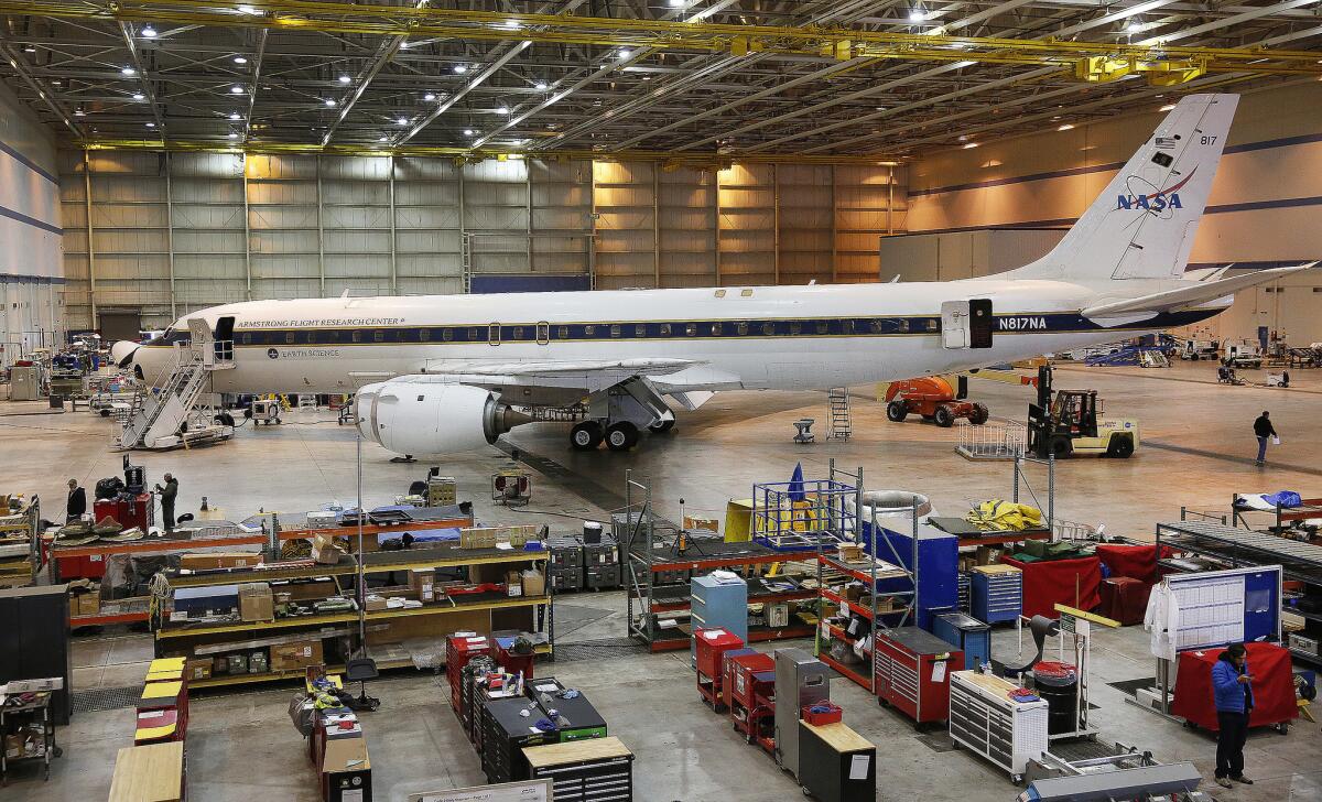 A NASA-operated DC-8 stationed in Palmdale is used to collect and analyze atmospheric samples from around the world. The plane was not used to analyze pollution data in the aftermath of Hurricane Harvey.