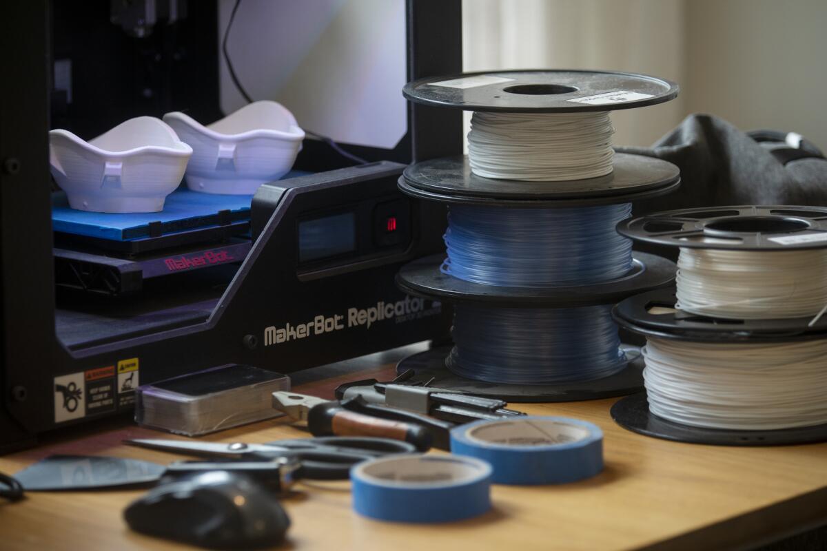 Spools of plastic are melted and applied in thin layers, forming a 3-D object over the course of several hours. 