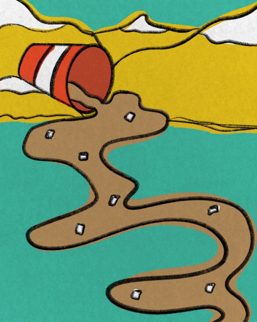 An illustration of giant hot chocolate spilled through a snowy mountain.