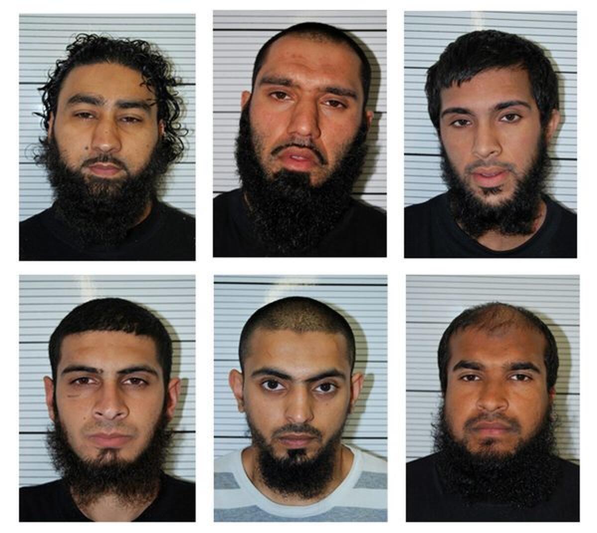 In these undated images, upper row from left, are Omar Khan, Anzal Hussain and Zohaib Ahmed; bottom row from left, Mohammed Saud, Mohammed Hassen and Jewel Udin. The six were sentenced to up to 19 and a half years for plotting to attack an English Defense League march in Dewsbury, West Yorkshire, in June 2012. The attack was not carried out because the march ended earlier than expected.