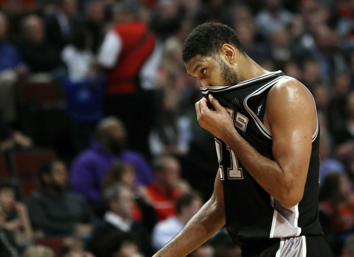 Spurs forward Tim Duncan was held to just six points with seven rebounds and two assists in 23 minutes agaunst the Bulls. San Antonio lost to Chicago, 104-81.