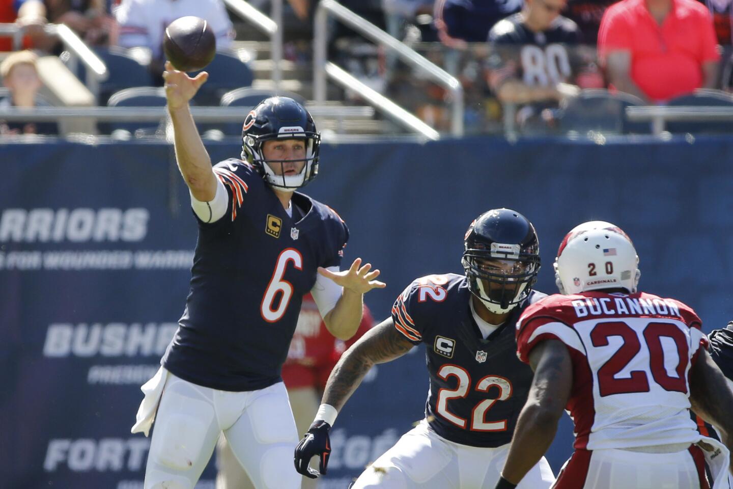 Jay Cutler throws an interception in the second quarter as it is picked off by the Cardinals' Tony Jefferson.