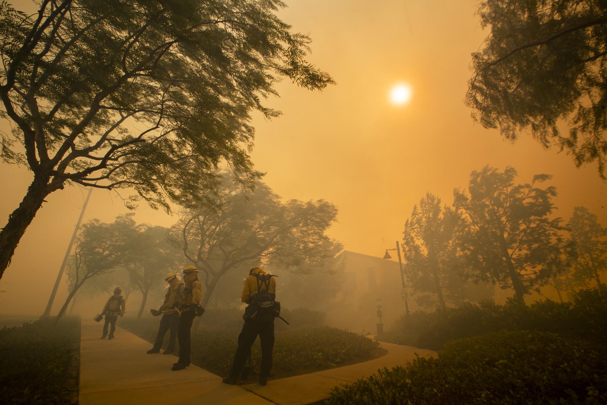 A wind gust drives smoke and debris toward firefighters protecting Irvine's Orchard Hills area from the Silverado fire.