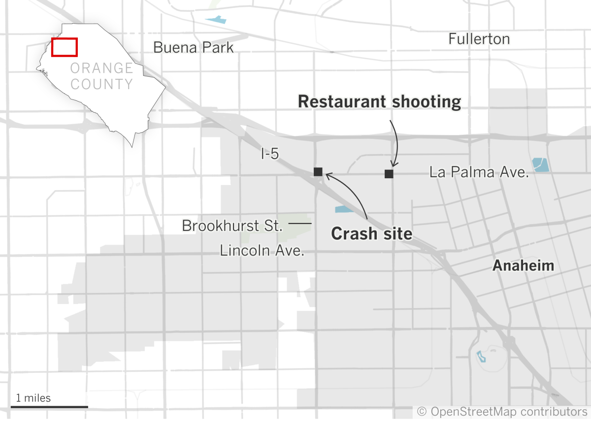 Map of restaurant in Anaheim where shooting and nearby crash took place