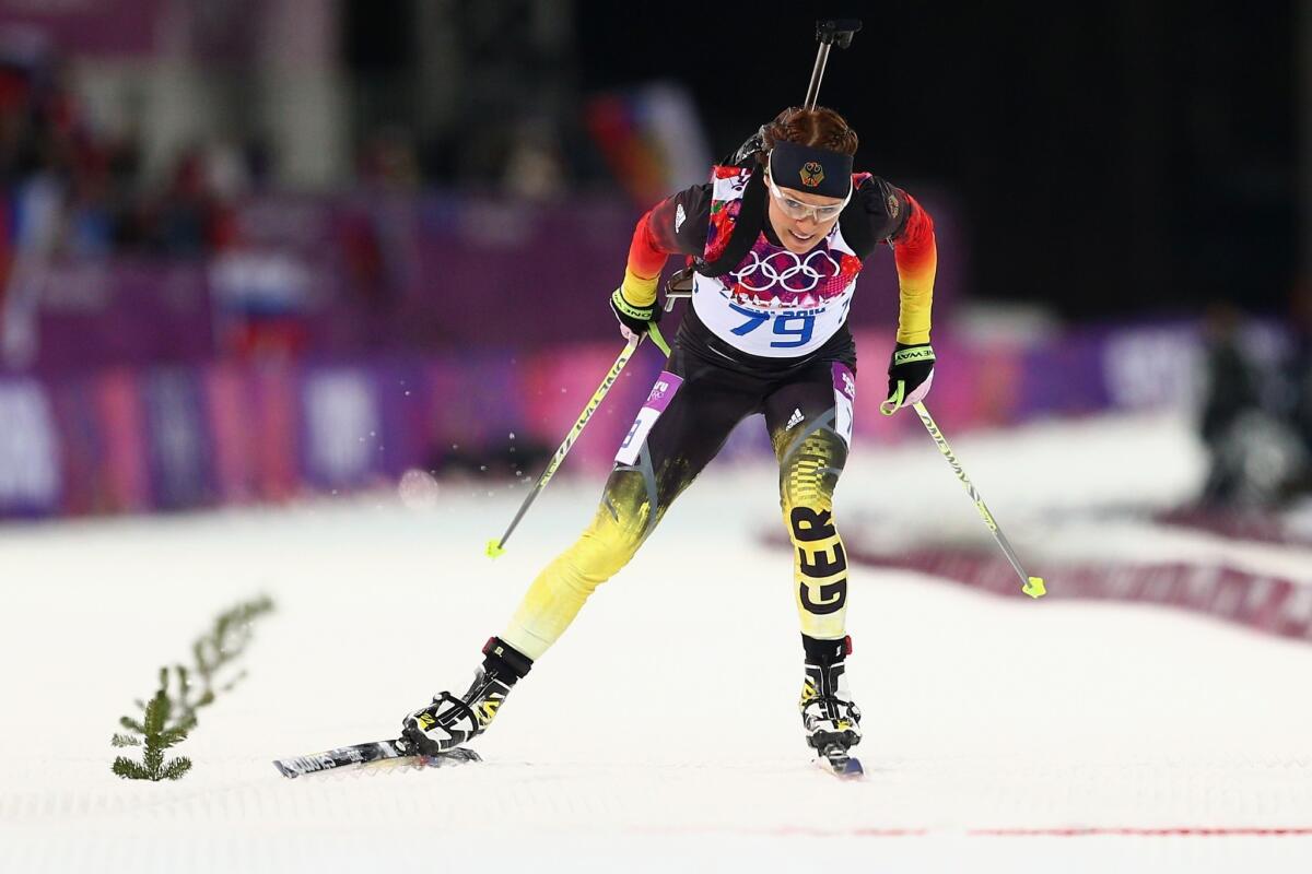 Germany's Evi Sachenbacher-Stehle competes in the biathlon before she tested positive for a banned substance.