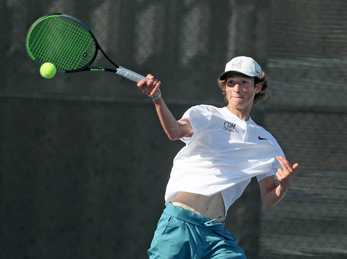 Corona del Mar's Niels Hoffmann drives a forehand in the 21st annual National High School All-American Tournament.