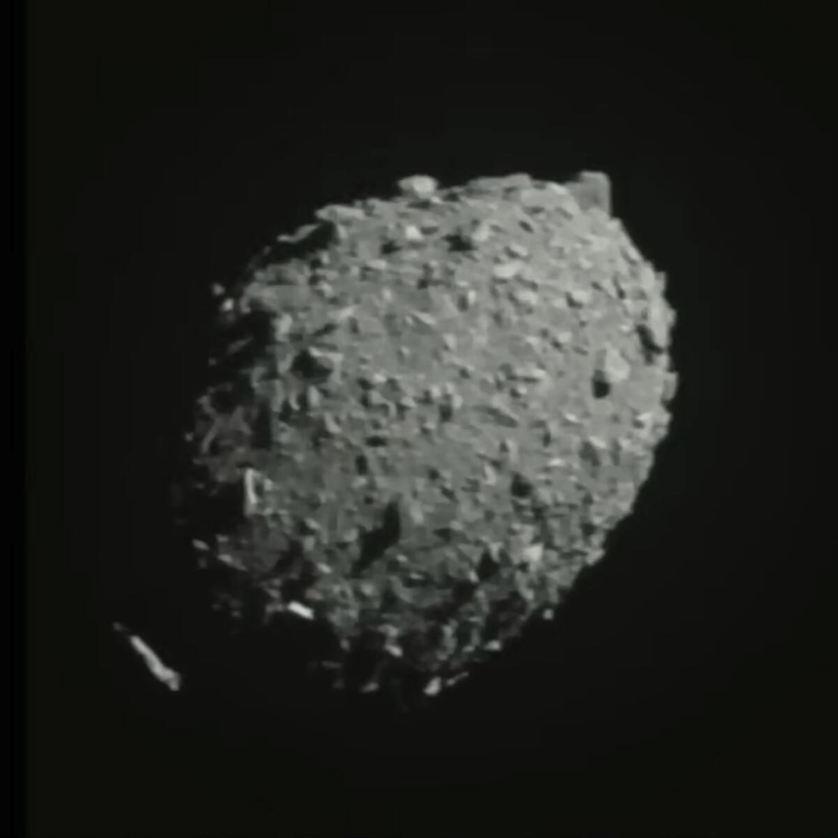 A gray object shaped like a lemon, with an uneven surface, is seen against a dark background 
