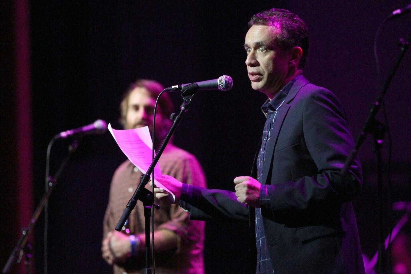 Will Forte, left, and Fred Armisen perform at the Celebration of the 60th Anniversary Of Allen Ginsberg's "Howl" at the Ace Hotel on Tuesday in Los Angeles.