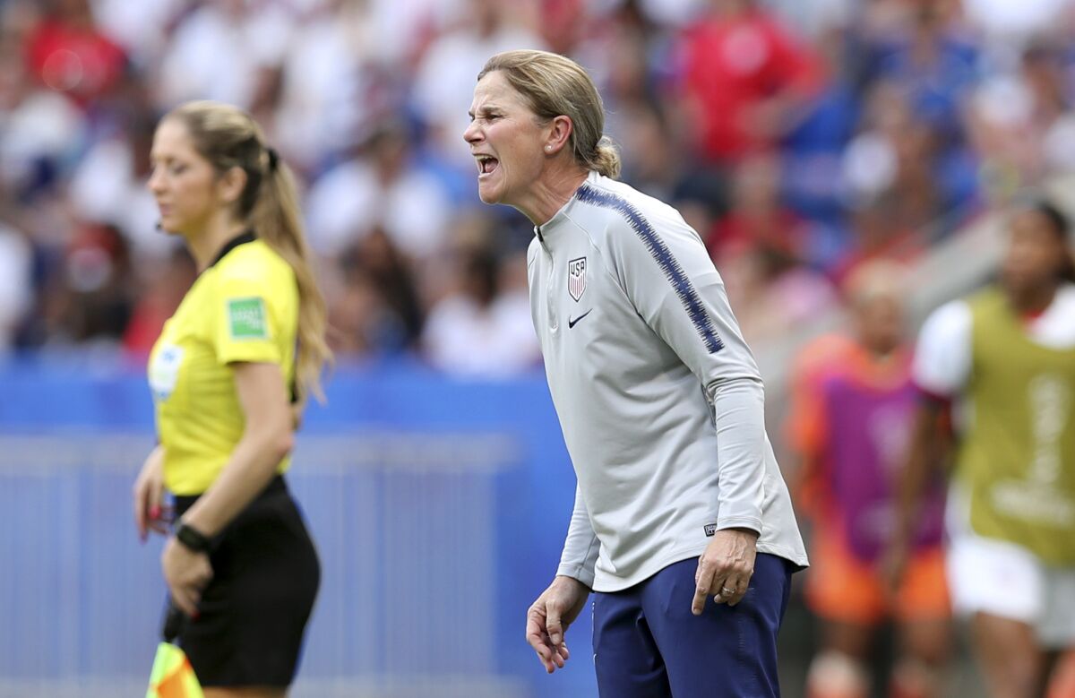 United States coach Jill Ellis shouts instructions during the 2019 Women's World Cup final 