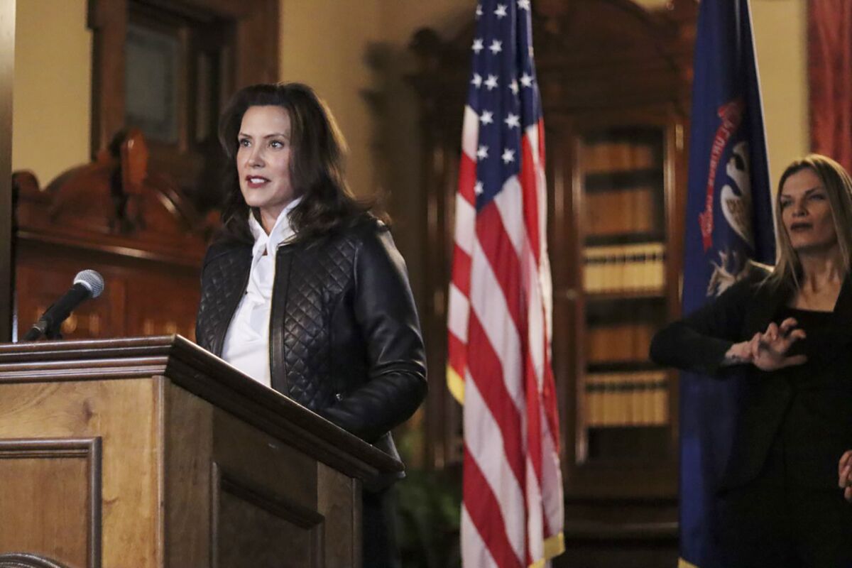 FILE - In an Oct. 8, 2020 file photo, provided by the Michigan Office of the Governor, Michigan Gov. Gretchen Whitmer addresses the state during a speech in Lansing, Mich. Opening statements are Wednesday, March 8, 2022, for the trial of four men charged with plotting to kidnap Whitmer. Prosecutors say the men conspired to kidnap the Democratic governor in 2020 because they were angry about COVID-19 restrictions she imposed .(Michigan Office of the Governor via AP File)