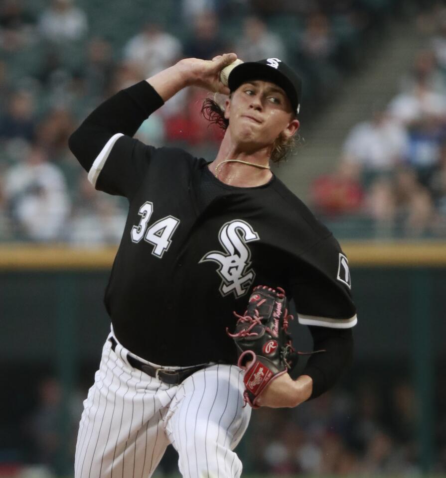 Chicago ite Sox starting pitcher Michael Kopech delivers a pitch against the Twins in the first inning of his MLB debut at Guaranteed Rate Field on Aug. 21, 2018.