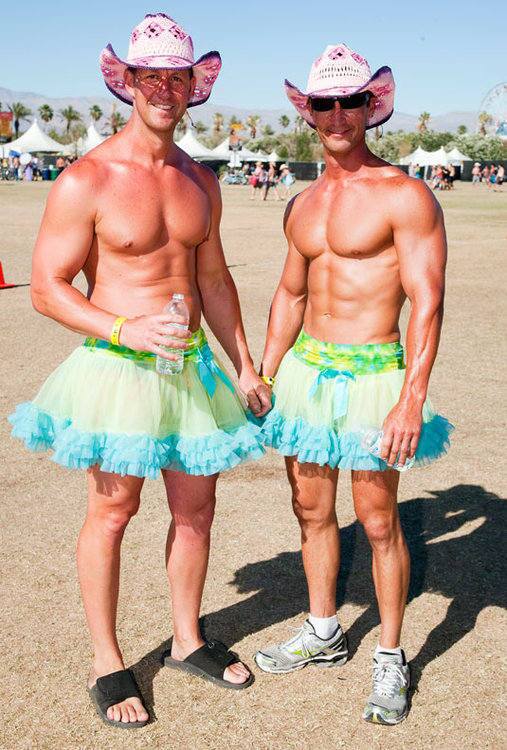 From left, Tim and Tom Trech wears tutus and hats. They describe their styles as "something different."