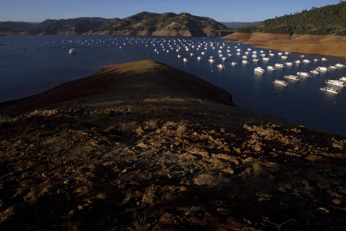 Although water levels in Lake Oroville, one of California's largest reservoirs, have risen since this photo was taken last June, storage remains well below average.
