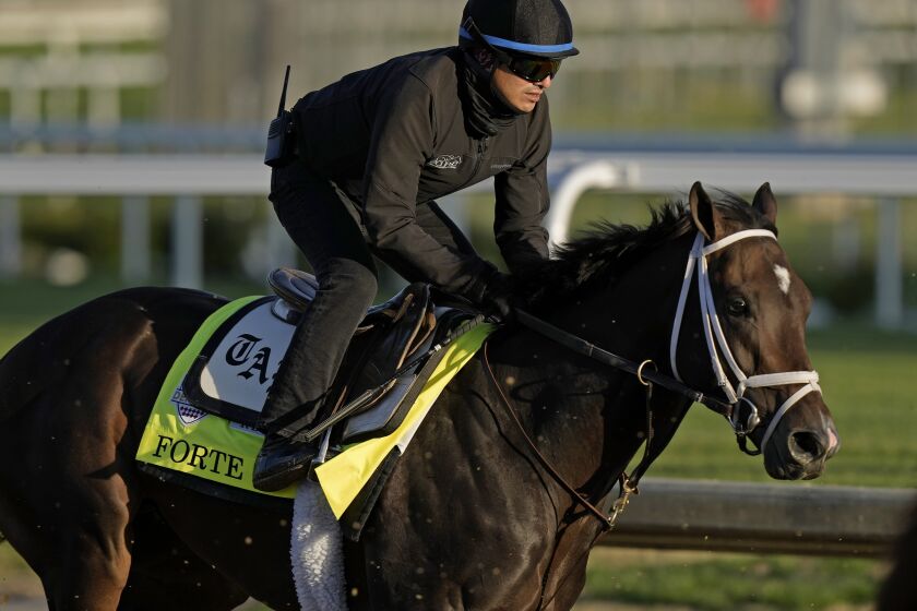 Kentucky Derby hopeful Forte works out at Churchill Downs Tuesday, May 2, 2023, in Louisville, Ky. The 149th running of the Kentucky Derby is scheduled for Saturday, May 6. (AP Photo/Charlie Riedel)