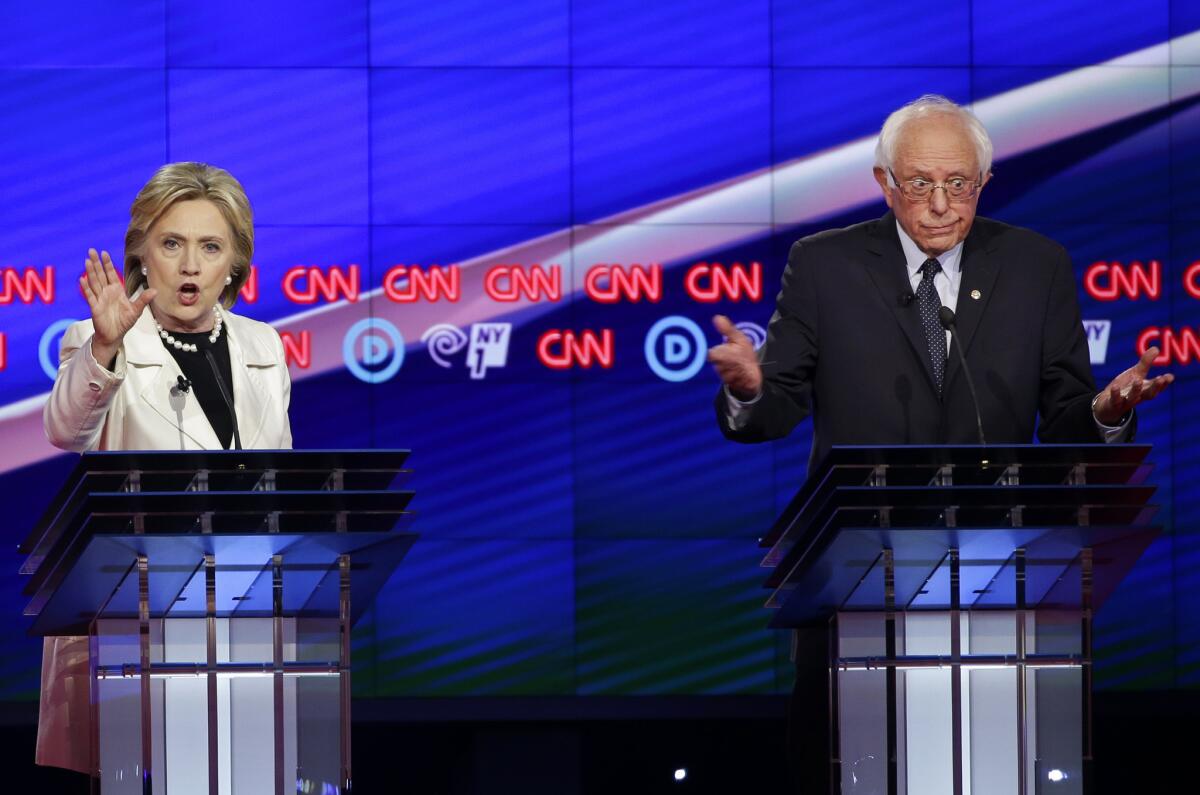 Hillary Clinton and Bernie Sanders during the Democratic candidates' debate in New York in the run-up to the 2016 primary election.