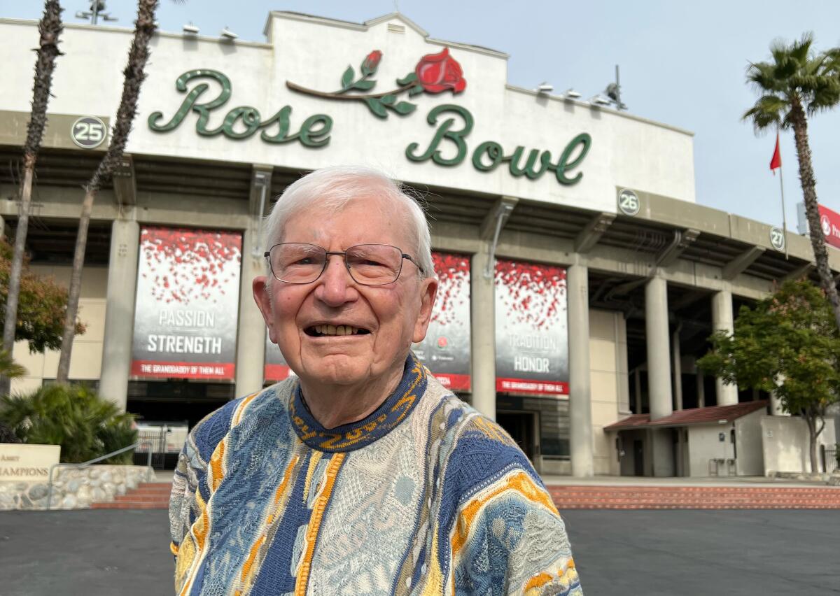 Reynolds Crutchfield, 93, stands in front of the Rose Bowl in December 2023.