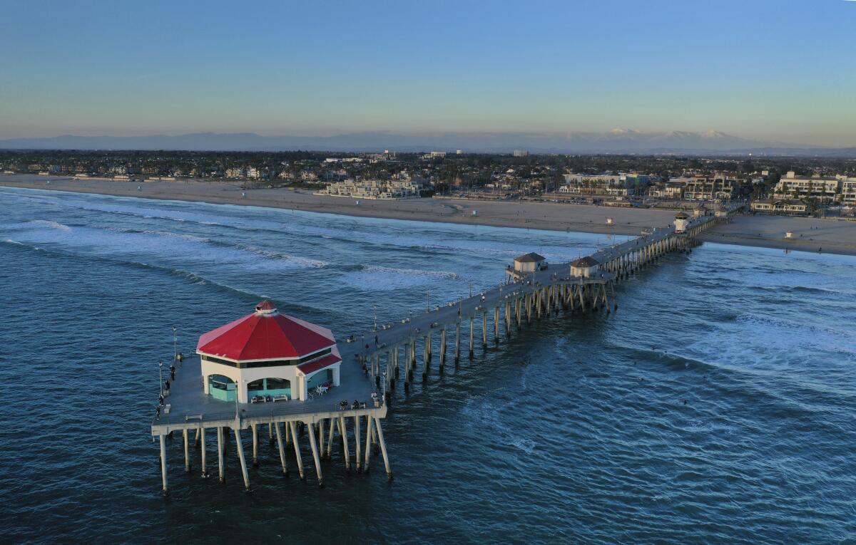 An aerial view of the Huntington Beach Pier