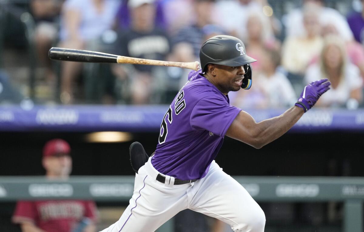 Colorado Rockies' Wynton Bernard grounds out in his first MLB at-bat Friday against Arizona at Coors Field.