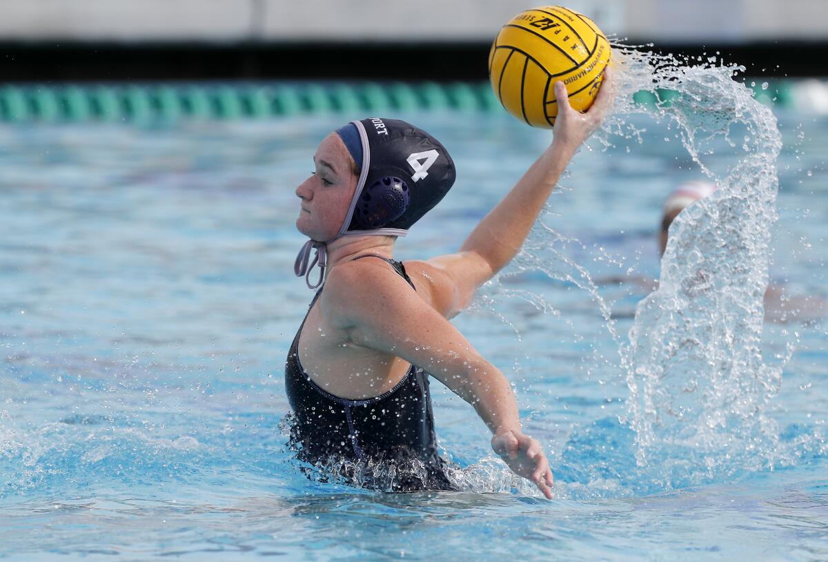Newport Harbor's Morgan Netherton scores on a penalty shot against Cathedral Catholic in 2019.