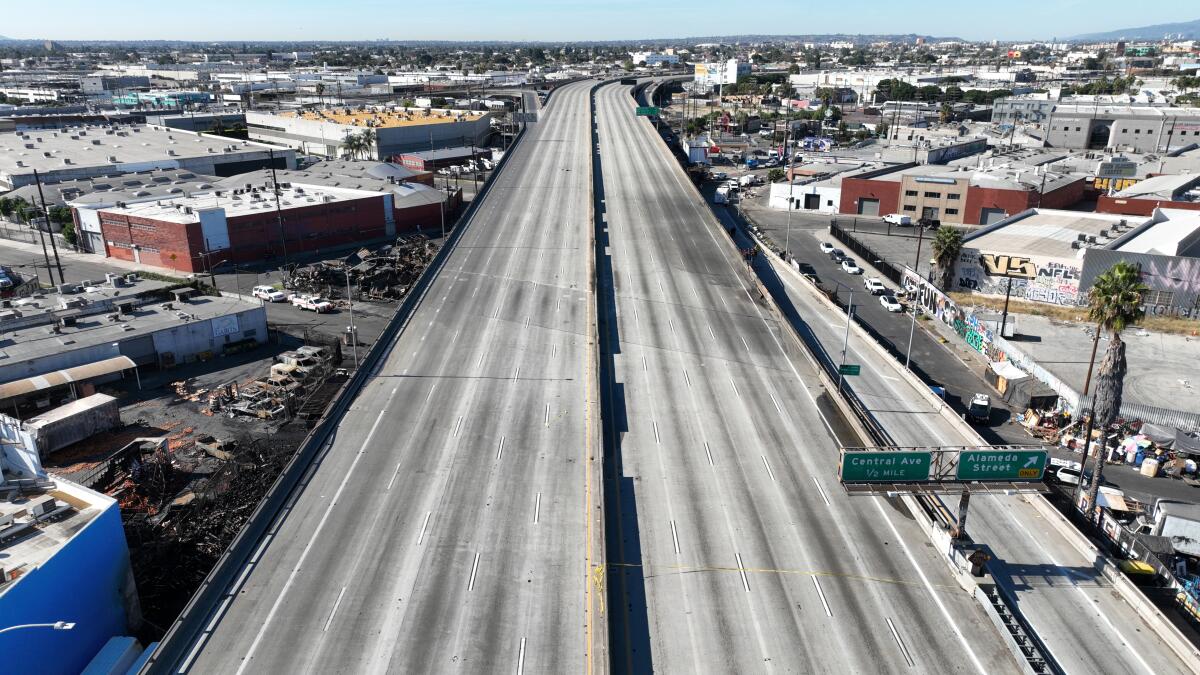 An aerial view of an empty freeway.
