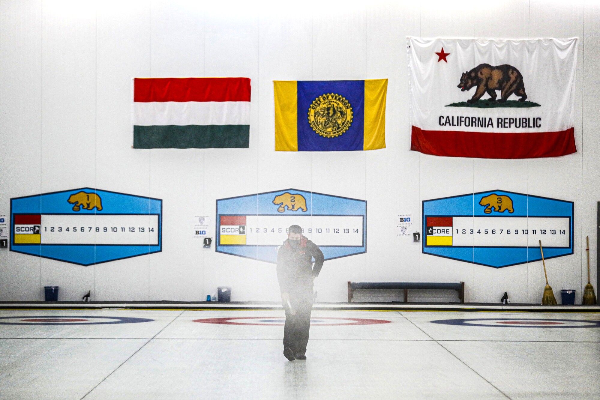 Hot water is sprayed to "pebble" Southern California Curling Center's dedicated ice.
