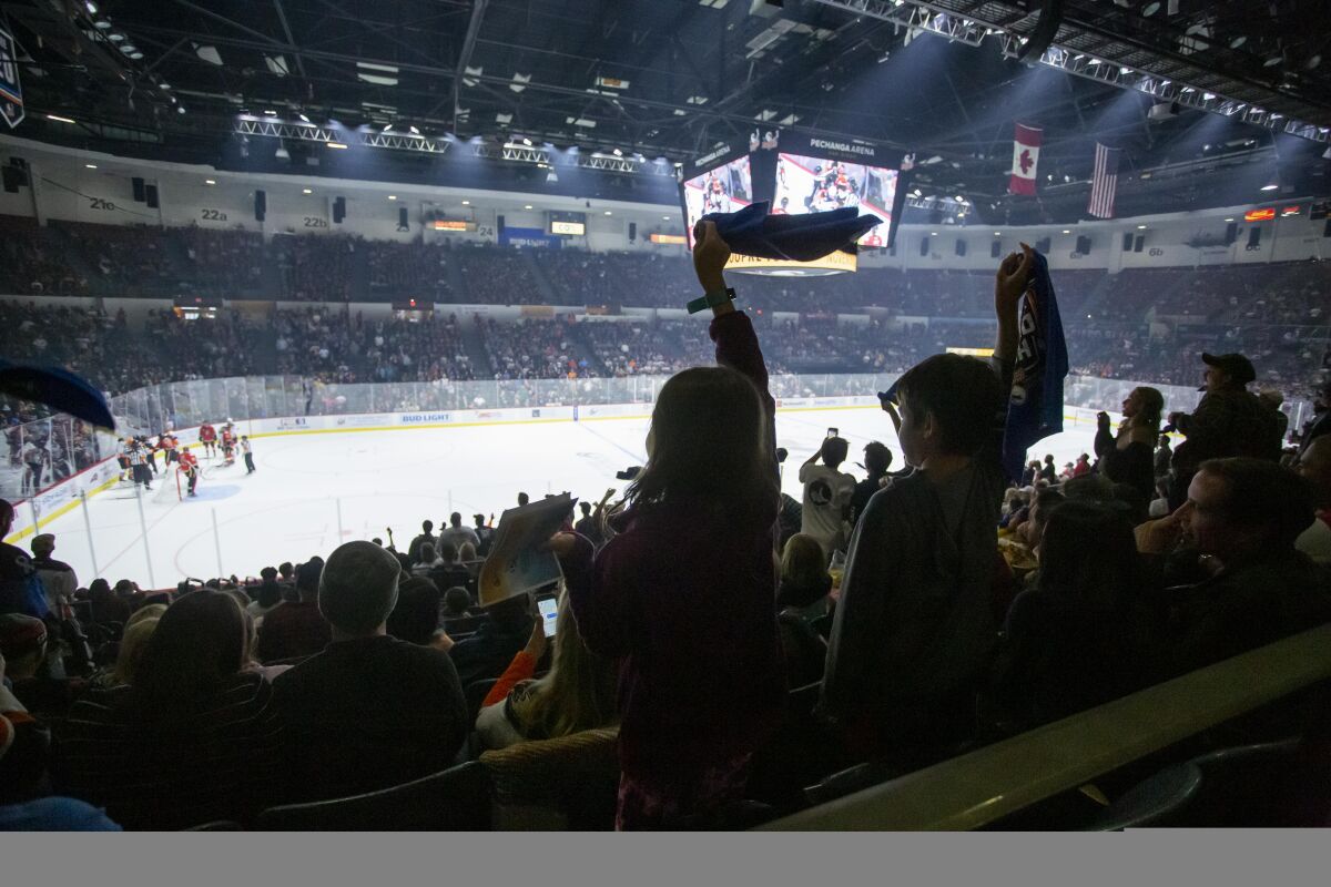 Gulls fans wave their towels during a fight in the second period between San Diego and Stockton. 