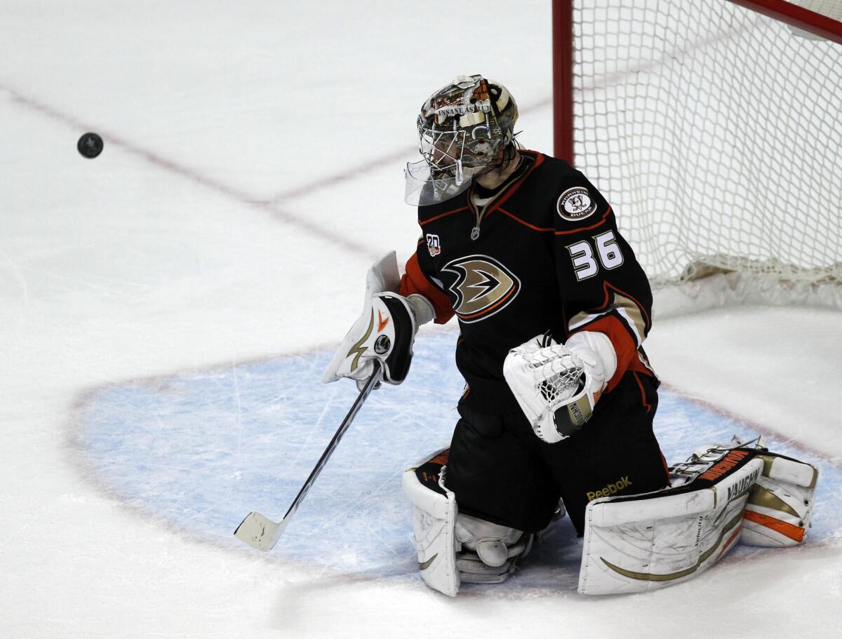 Ducks goalie John Gibson makes a save against the Kings in May.