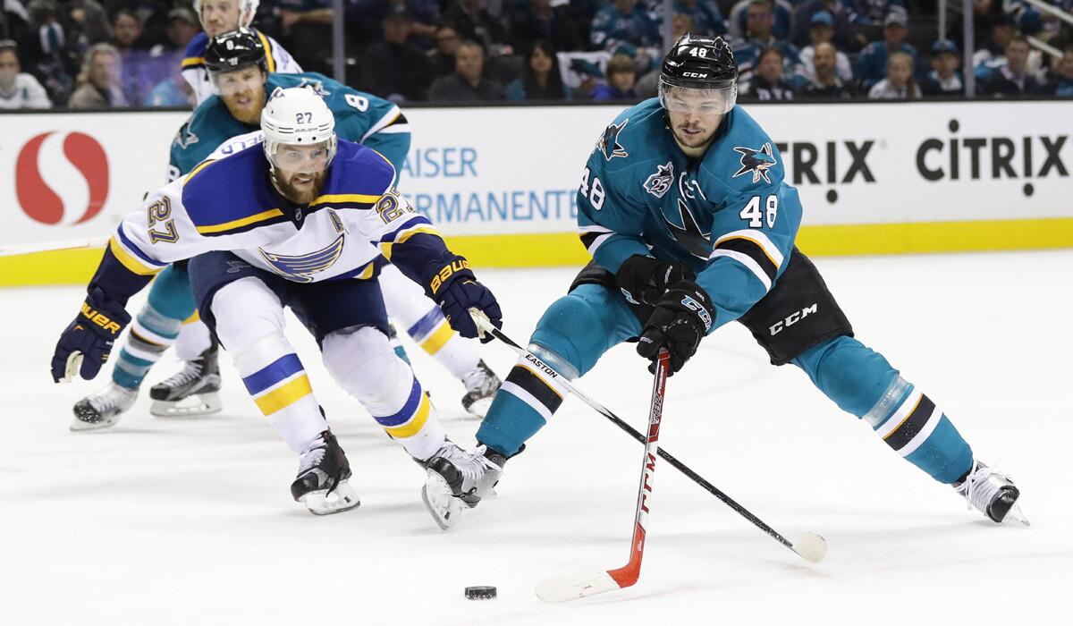 San Jose Sharks' Tomas Hertl controls the puck against St. Louis Blues' Alex Pietrangelo in Game Six of the Stanley Cup Western Conference final on Wednesday.