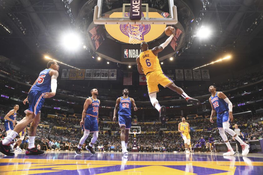 LOS ANGELES, CA - MARCH 5: LeBron James #6 of the Los Angeles Lakers shoots the ball during the game.