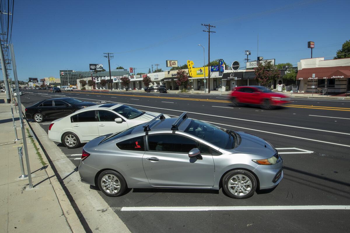 Cars backed in diagonally on an L.A. street 