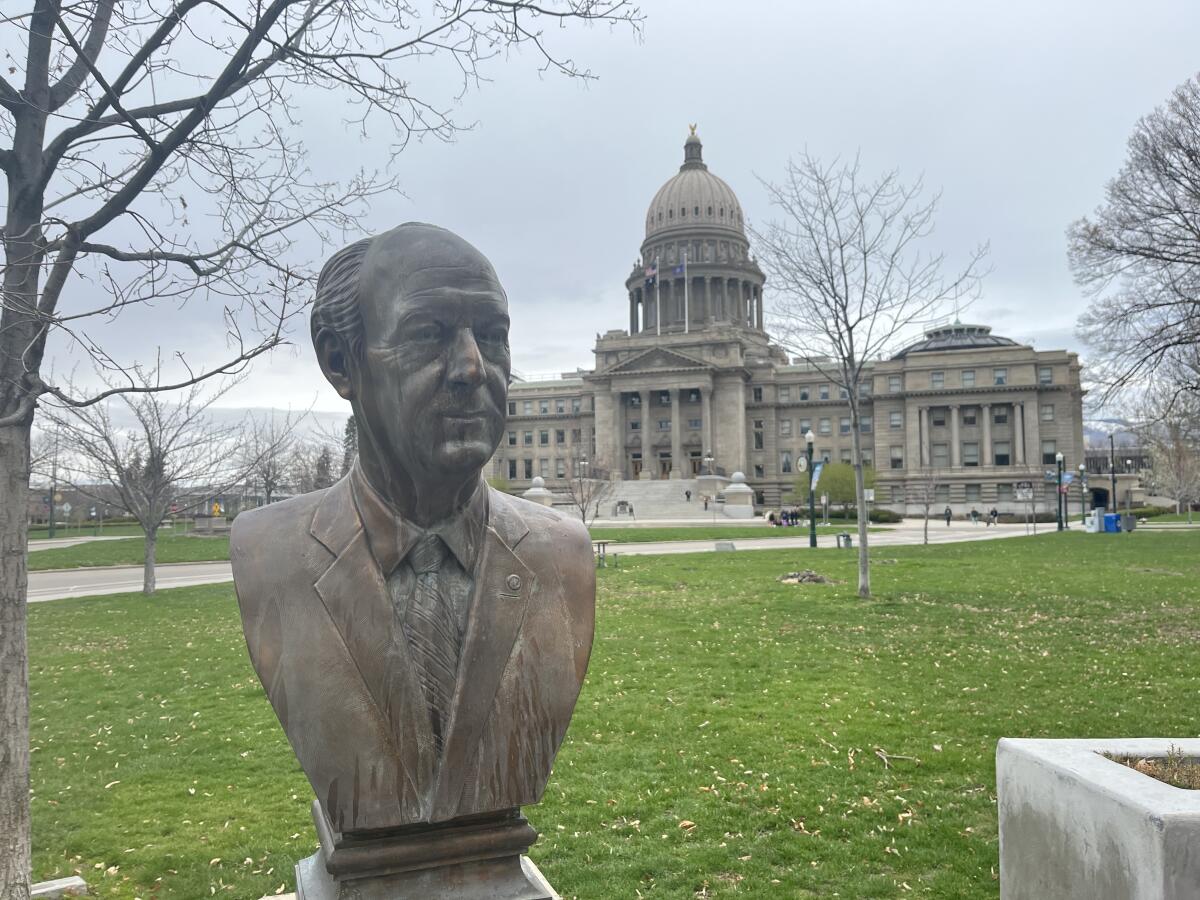 A bust of former Idaho Gov. Cecil Andrus, who also served as U.S. Interior secretary, outside the State Capitol in Boise.
