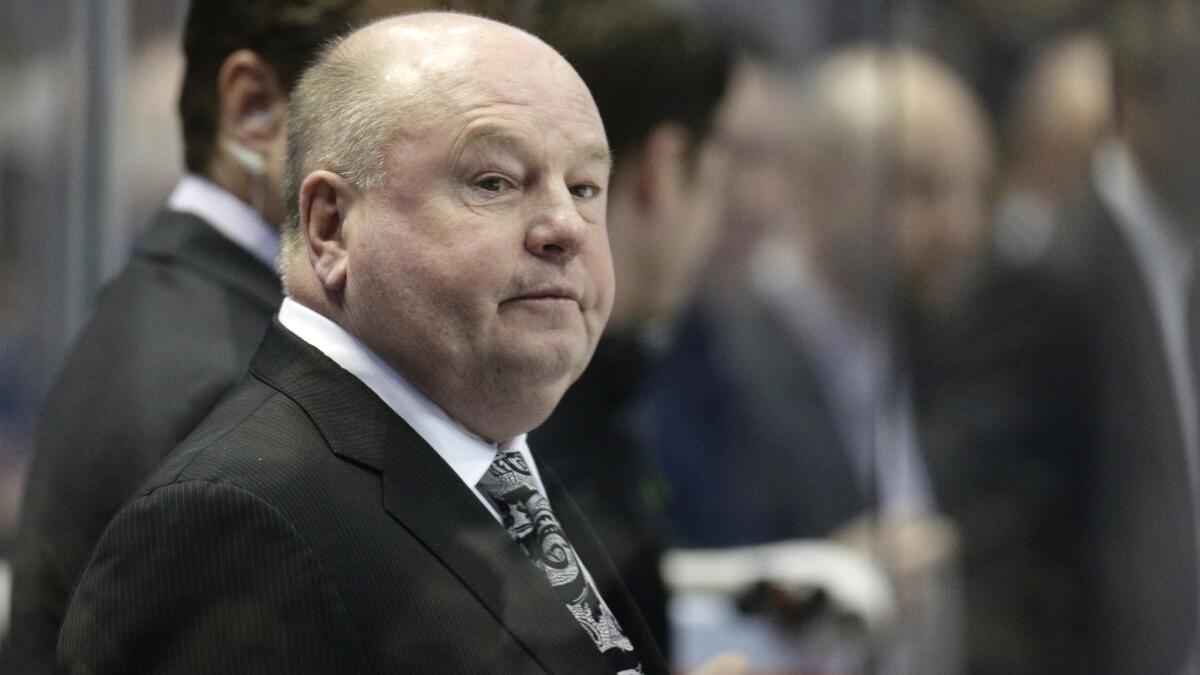 Ducks Coach Bruce Boudreau looks on during a game against the Winnipeg Jets in January 2014.