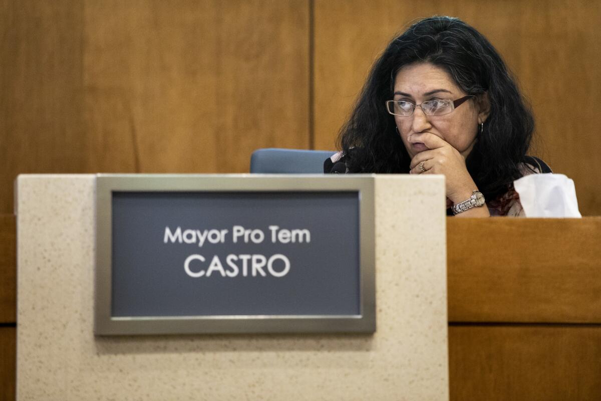 Aide Castro at a Lynwood City Council meeting in February.
