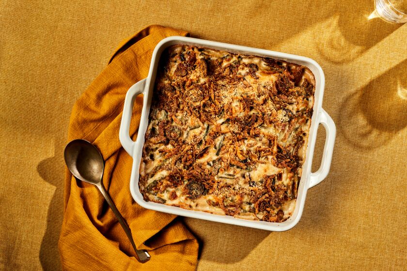 LOS ANGELES, CA - NOVEMBER 2, 2022: Green bean gratin prepared by cooking columnist Ben Mims on November 2, 2022 in the LA Times test kitchen. (Katrina Frederick / For The Times)
