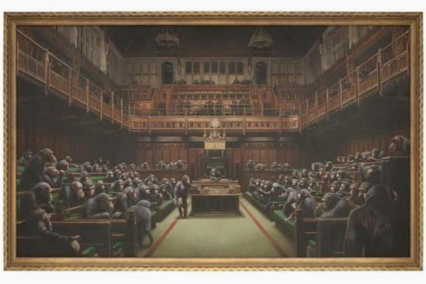 Foto Cedida por Sotheby's del óleo del artista Banksy que representa la Cámara de los Comunes británica repleta de chimpancés se remató hoy en una subasta en Londres por 9,8 millones de libras (11 millones de euros). EFE