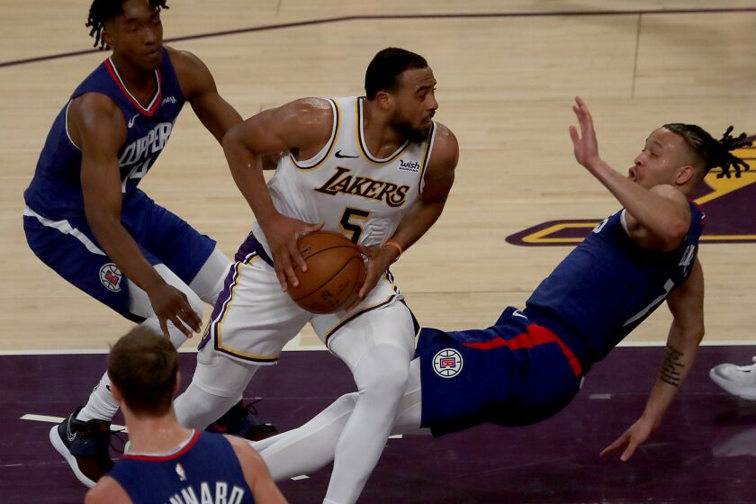 LOS ANGELES,, CALIF. - DEC. 13, 2020. Lakers guard Talen Horton-Tucker powers to the basket.