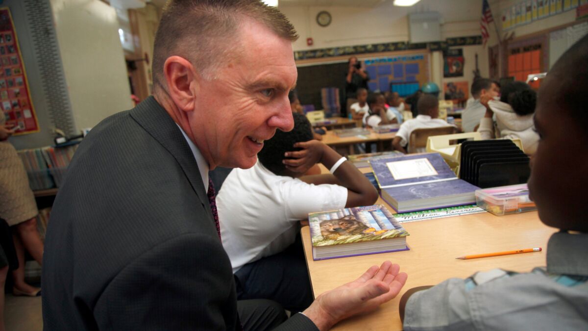 LAUSD Superintendent John Deasy tours classes on the first day of instruction at the Baldwin Hills Elementary School in Los Angeles Aug. 12, 2014.