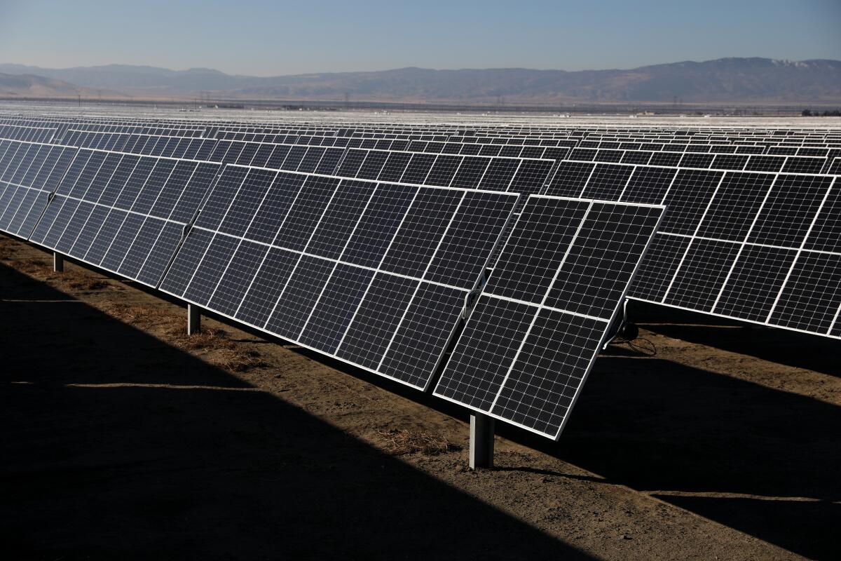 Row after row of upright solar panels facing the sky at an angle, with mountains in the background