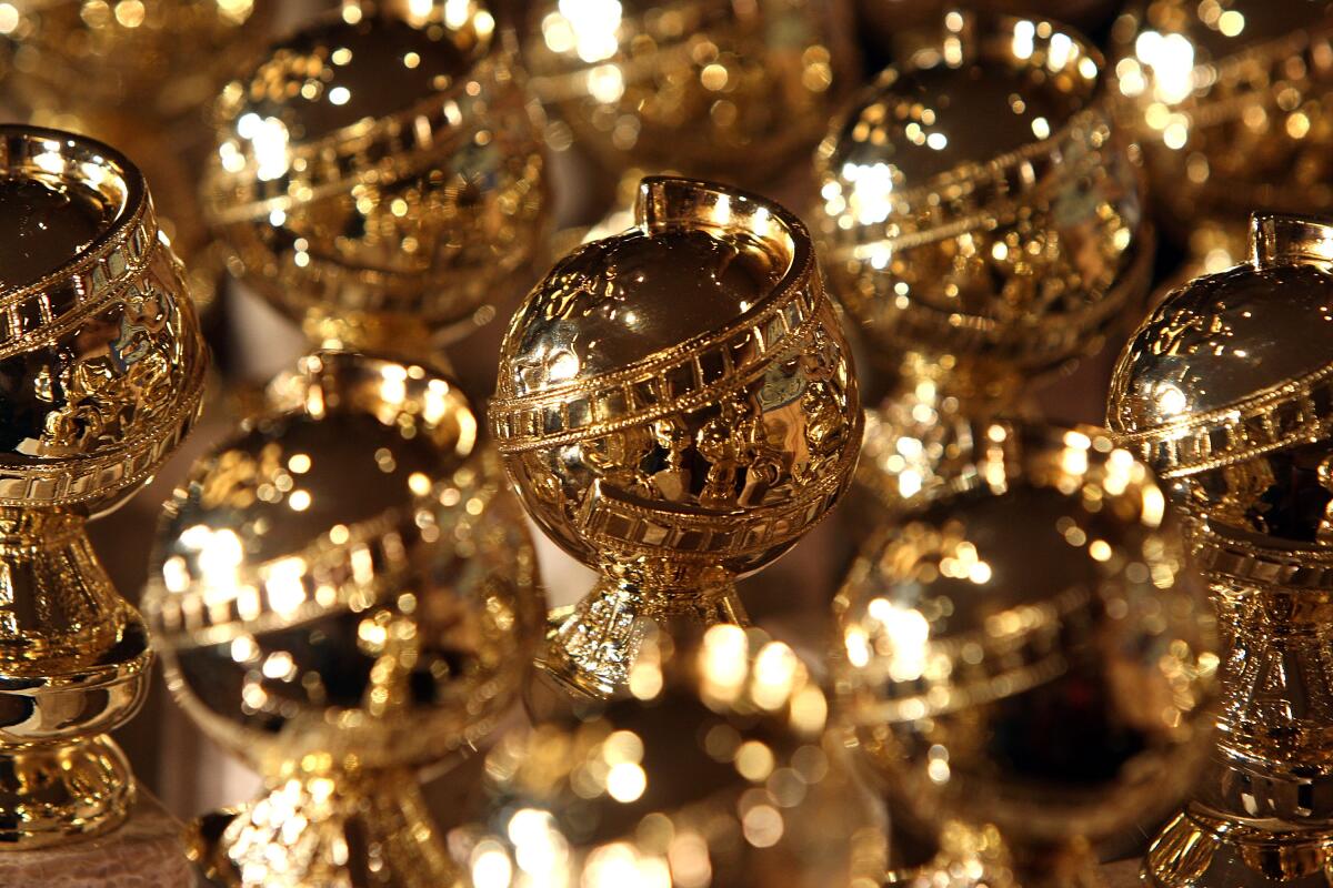 Golden Globe statuettes are on display at the Beverly Hilton Hotel.