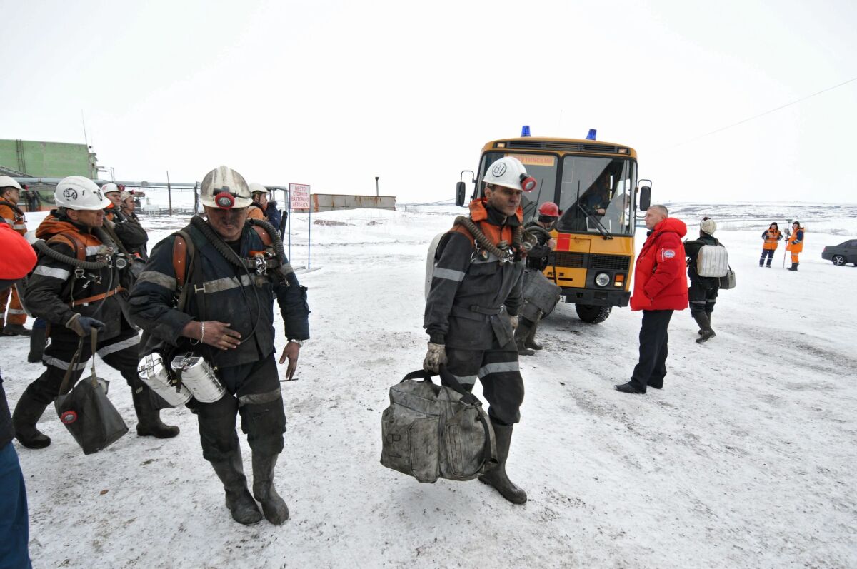A handout picture released by the Vorkutaugol press service on Feb. 26, 2016, shows rescue workers at the Severnaya coal mine in Vorkuta, Russia.